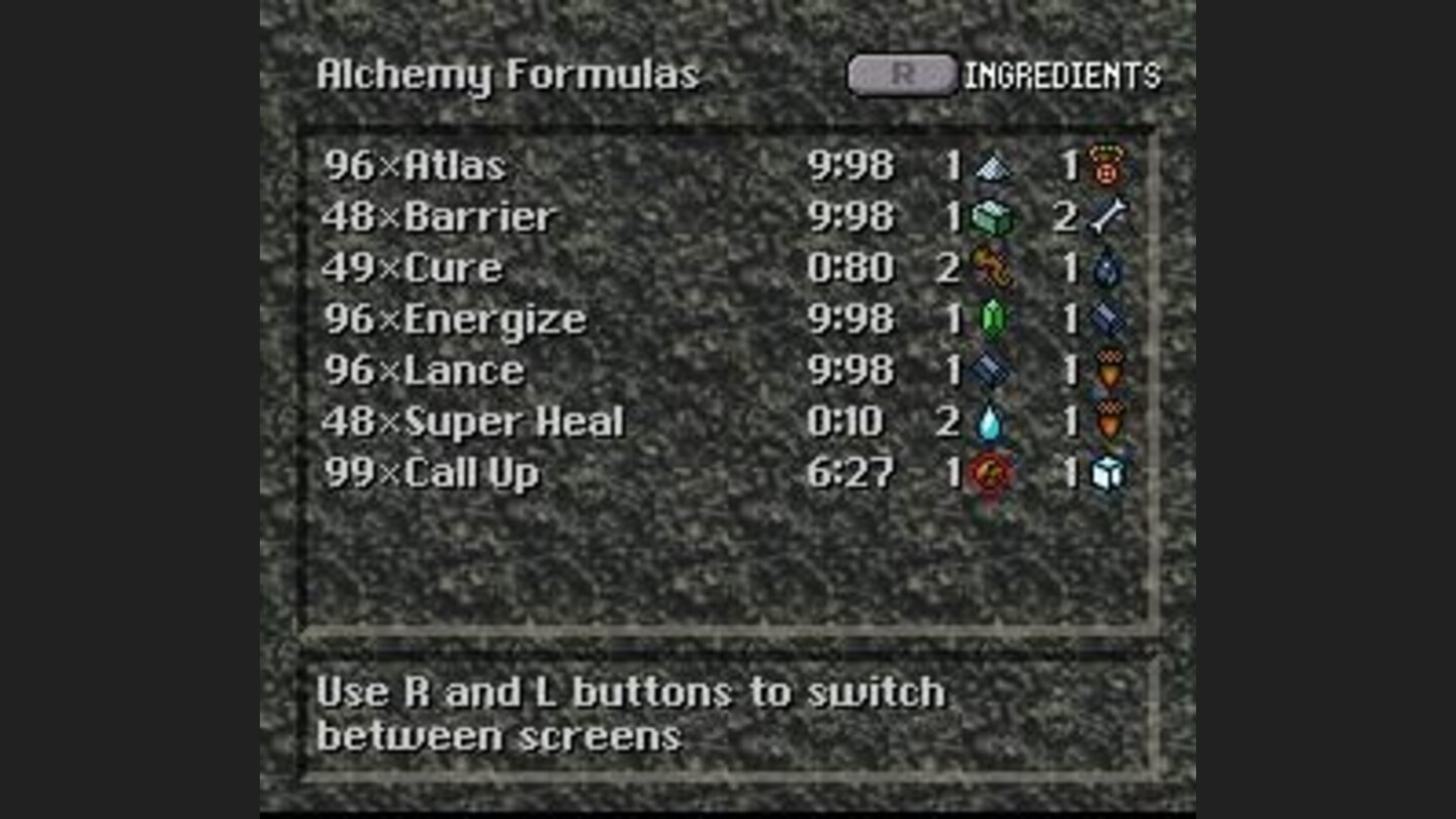 Available formulas and ingredients required for each
