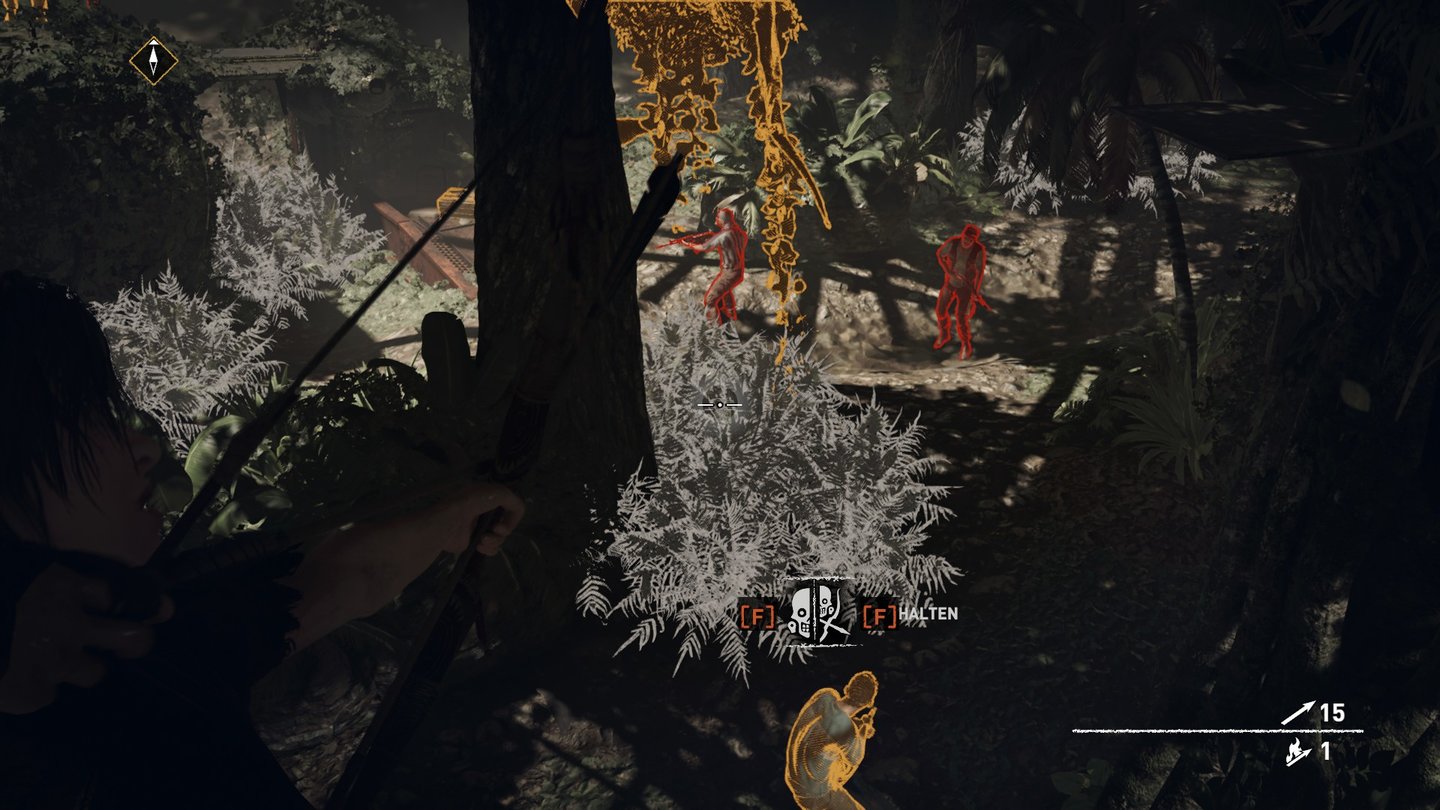 Shadow of the Tomb RaiderRot markierte Soldaten stehen im Sichtfeld von anderen Gegnern. Gelbe Silhouetten zeigen isolierte Feinde.