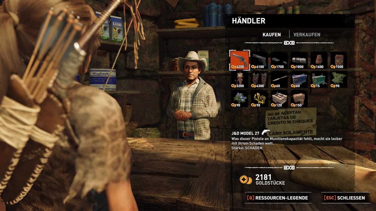Shadow of the Tomb RaiderGold luchsen wir toten Soldaten ab. Bei Händlern bekommen wir dafür neue Waffen, Outfits und Ressourcen.