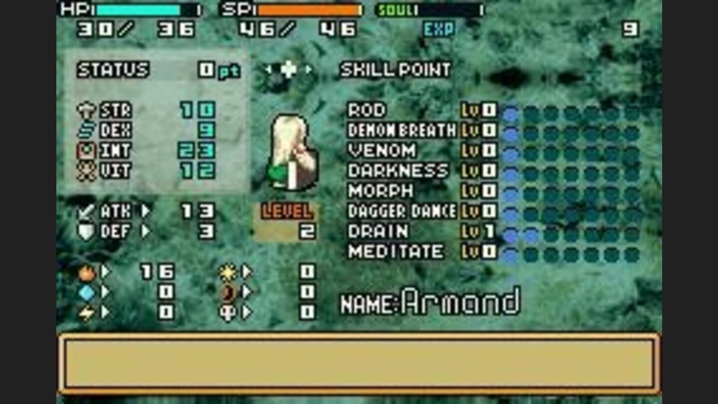 The status screen shows all your stats on a single screen and also allows you to increase your stats whenever you level up