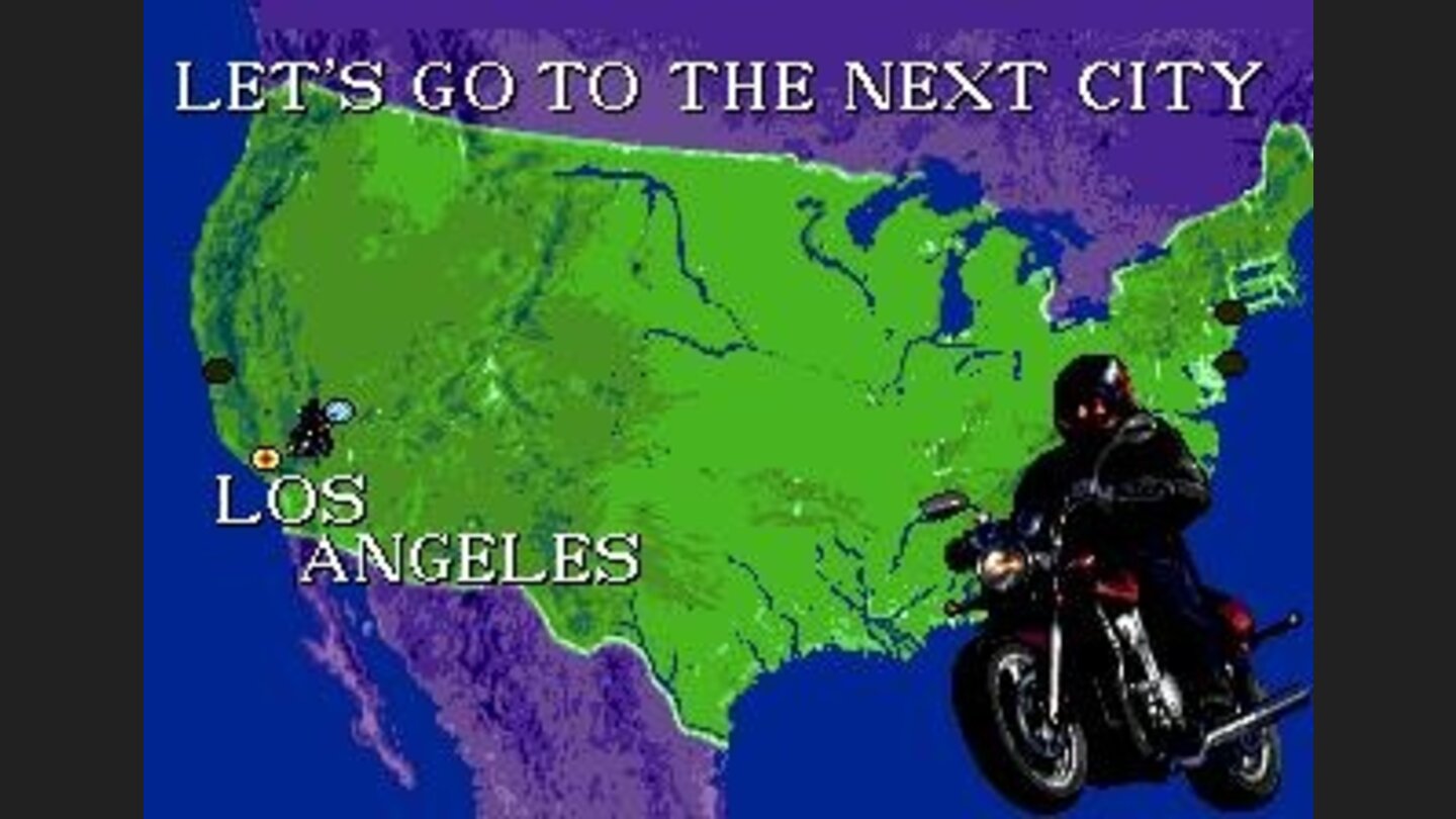 Map screen: riding a motorcycle, the player makes a long travel to the next challenge... :-D