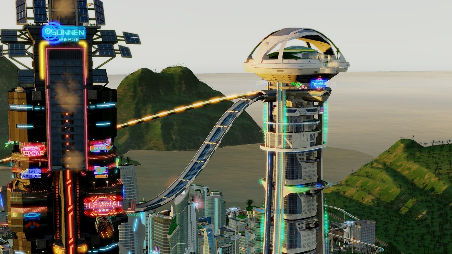 SimCity: Städte der ZukunftDie Turmspitzen lassen sich mit den entsprechenden Akademie-Anbauten zu Biodomen oder Energie-Dach-Etagen ausbauen.