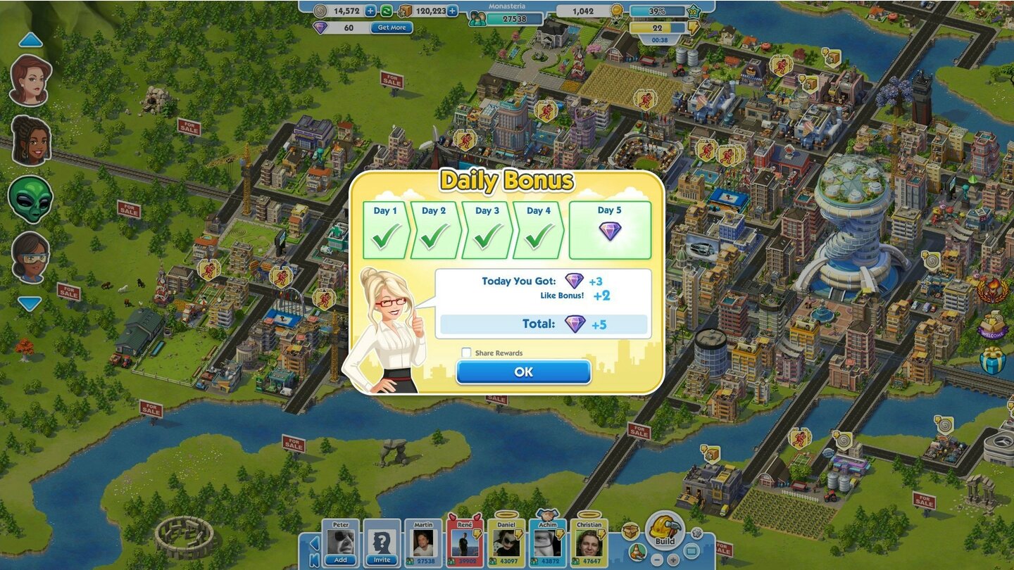 SimCity SocialAlle fünf Tage haben wir die Chance, ein paar Gratisdiamanten abzustauben.