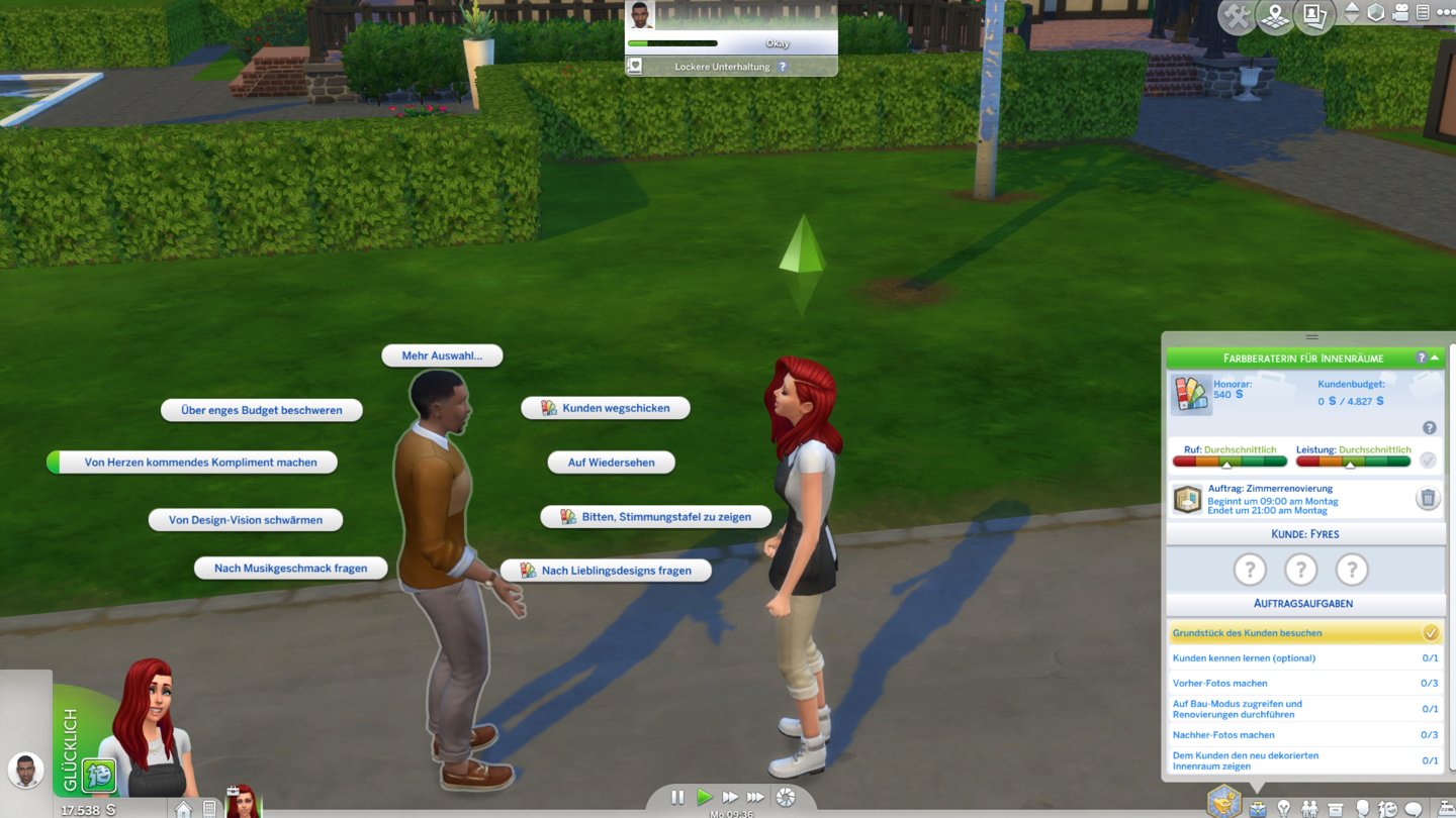 Sims 4: Traumhaftes InnendesignBeim Kunden angekommen finden wir etwas über die Vision heraus. Mit dem zeigen von zum Beispiel Farbfächern erfahren wir, welche Vorlieben und Abneigungen die Klienten mitbringen.