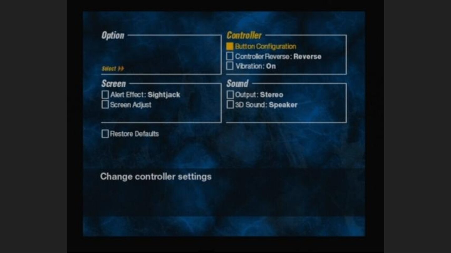 Options screen