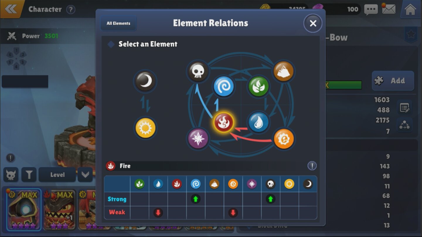 Jedes Element hat einen Konter und eine Schwäche.