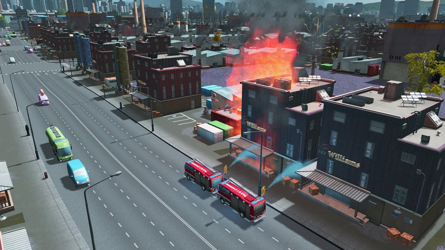 Cities: SkylinesEs brennt: Wenn unser Verkehr einigermaßen gut geplant ist, kommt die Feuerwehr rechtzeitig zum Einsatzort.