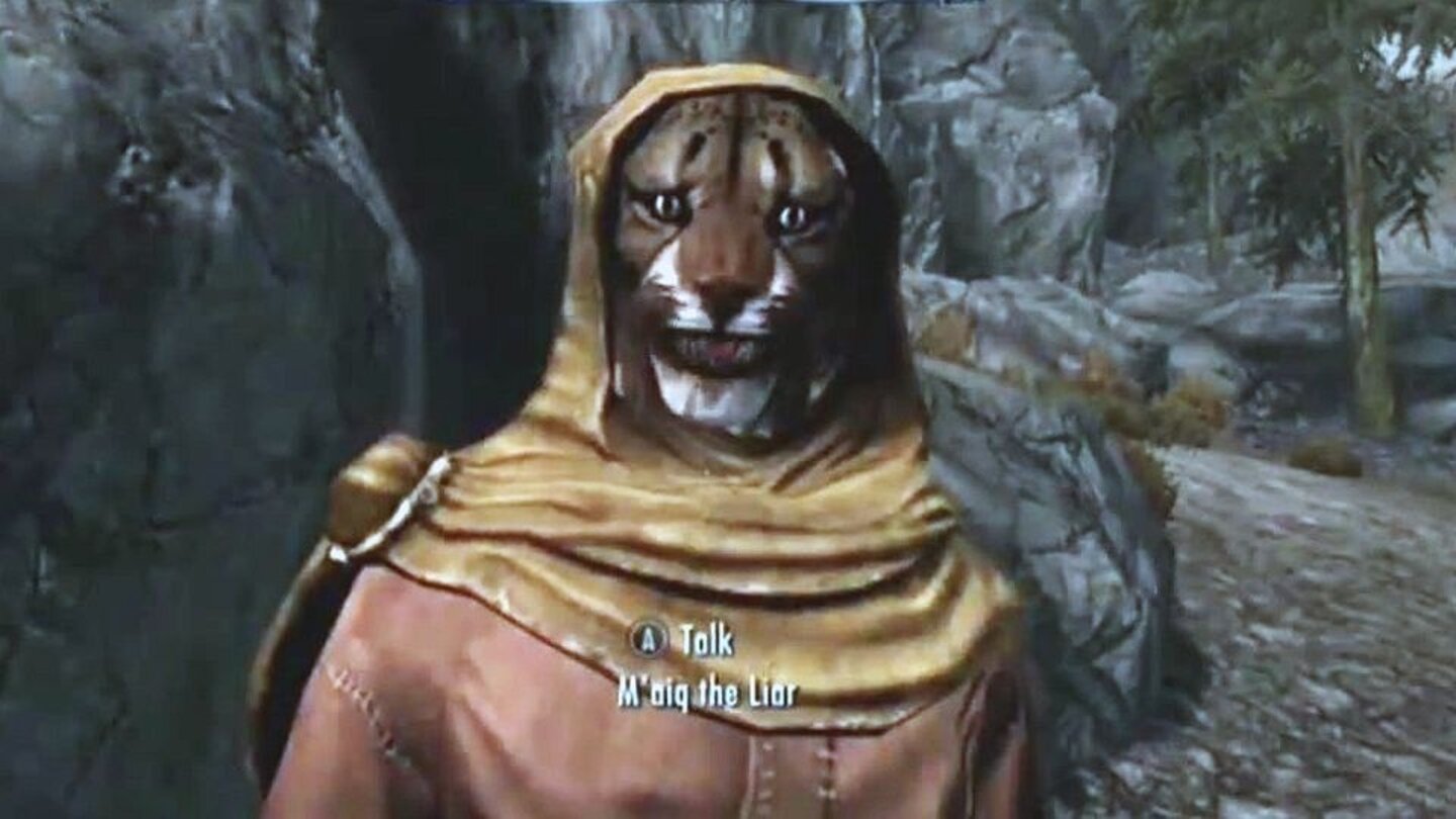 M'aiq der LügnerWie auch schon in den vorherigen Elder-Scrolls-Titeln Oblivion, Morrowind und nun auch in Skyrim bietet M’aiq der Lügner eine schier unendliche Quelle an unnützen Informationen. Eigentlich haben die Entwickler M’aiq eingefügt um den Spielern zu sagen, was ihnen zum Abschluss des Spiels noch fehlt.