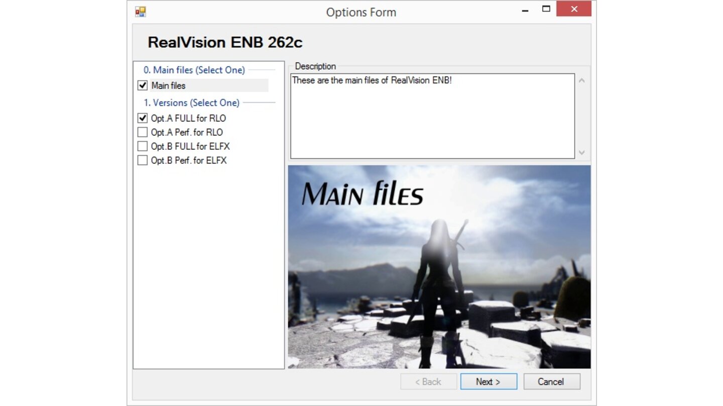 Skyrim Mod Anleitung - Schritt 26Im Auswahlfenster von »RealVision ENB 262c« die »Main Files« und »Opt. A FULL for RLO« auswählen, dann auf »Next« klicken.
