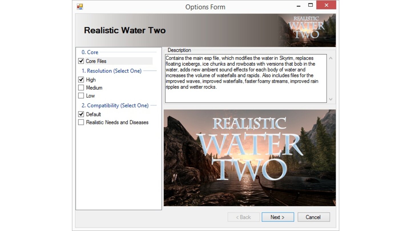 Skyrim Mod Anleitung - Schritt 13Im Auswahlfenster von »Realistic Water Two« setzt man die Haken bei »Core Files«, »High« und »Default« und klickt auf weiter...
