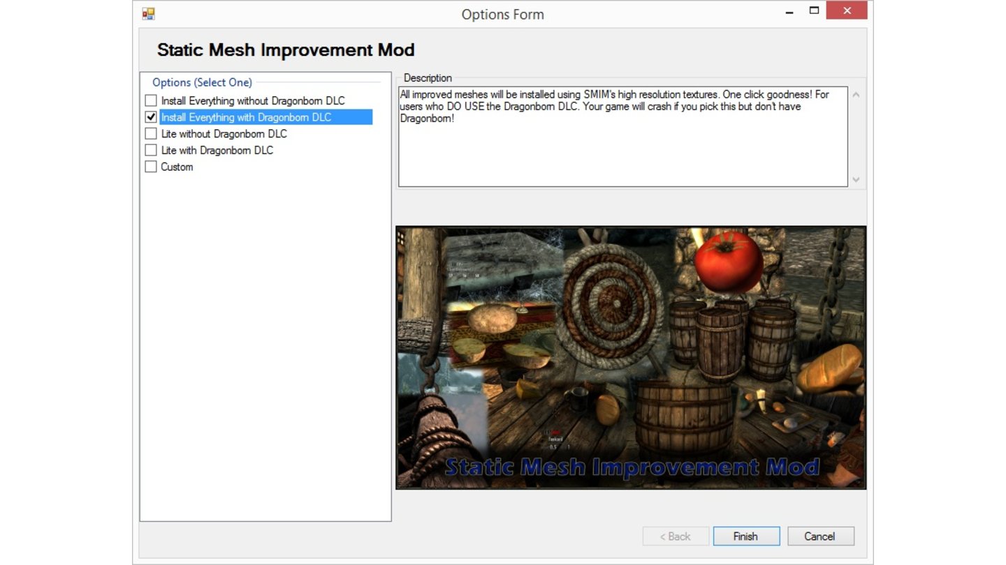 Skyrim Mod Anleitung - Schritt 8Bei der »Static Mesh Improvement Mod« setzt man den Haken bei »without Dragonborn DLC«, wenn man den Dragonborn DLC nicht besitzt und bei »with Dragonborn DLC«, wenn man ihn besitzt.