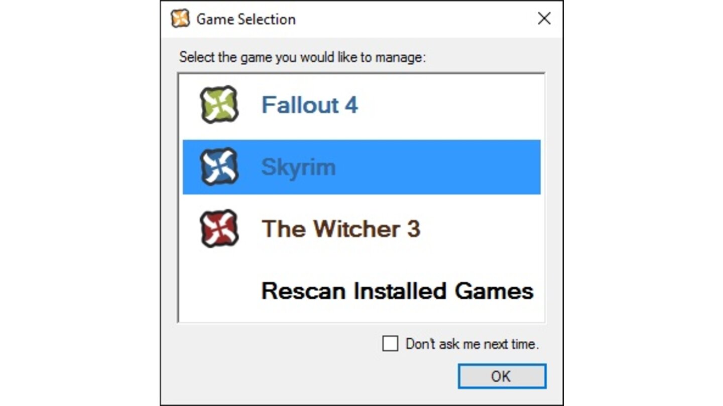 Im Auswahlfenster wählen wir Skyrim und verneien die Frage, ob Kategorien angelegt werden sollen.