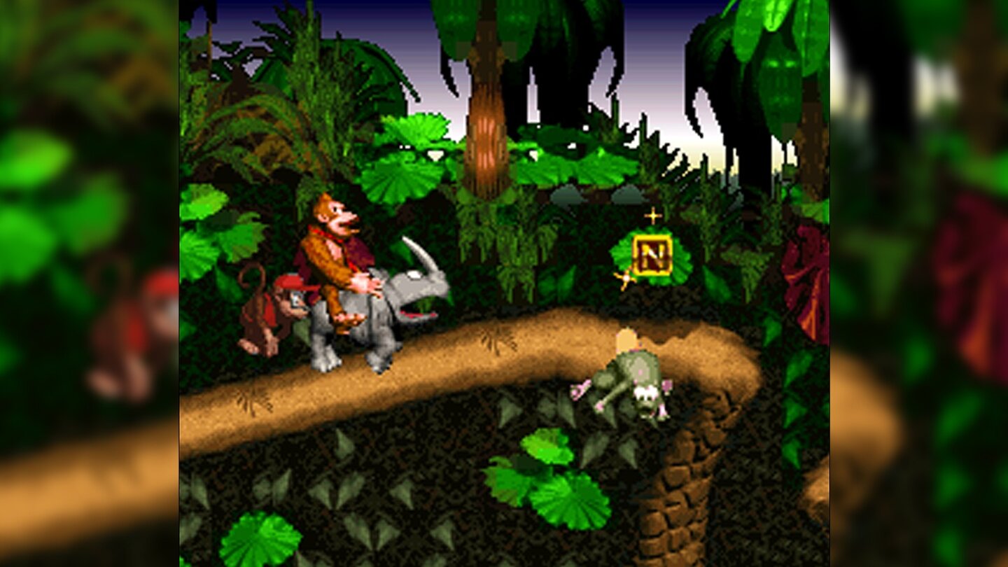 Donkey Kong Country (1994)Die englischen Entwickler Rare machen Miyamotos Affen alle Ehre: Mit Donkey Kong und dessen Neffen Diddy schwingt sich der Spieler auf Bananensuche durch 40 herausfordernde Levels und genießen dabei die herrliche vorgerenderte Grafik.
