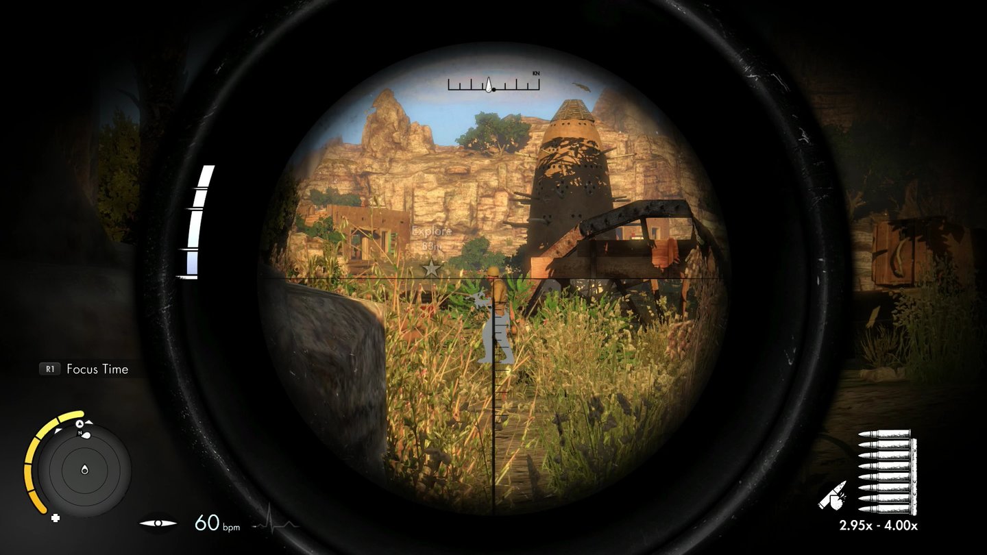 Sniper Elite 3Sobald Karl einen Schuss abfeuert, füllt sich links unten eine blaue Leiste. Sie zeigt an, wie genau die Feinde seine Position bestimmen können.