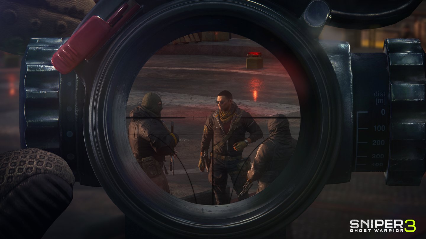 Sniper: Ghost Warrior 3Mit dem linken Stellrad wechsle ich die Zoomstufe der Zieloptik, rechts stelle ich das Visier auf die Distanz zum Ziel ein. Dann wird abgedrückt.