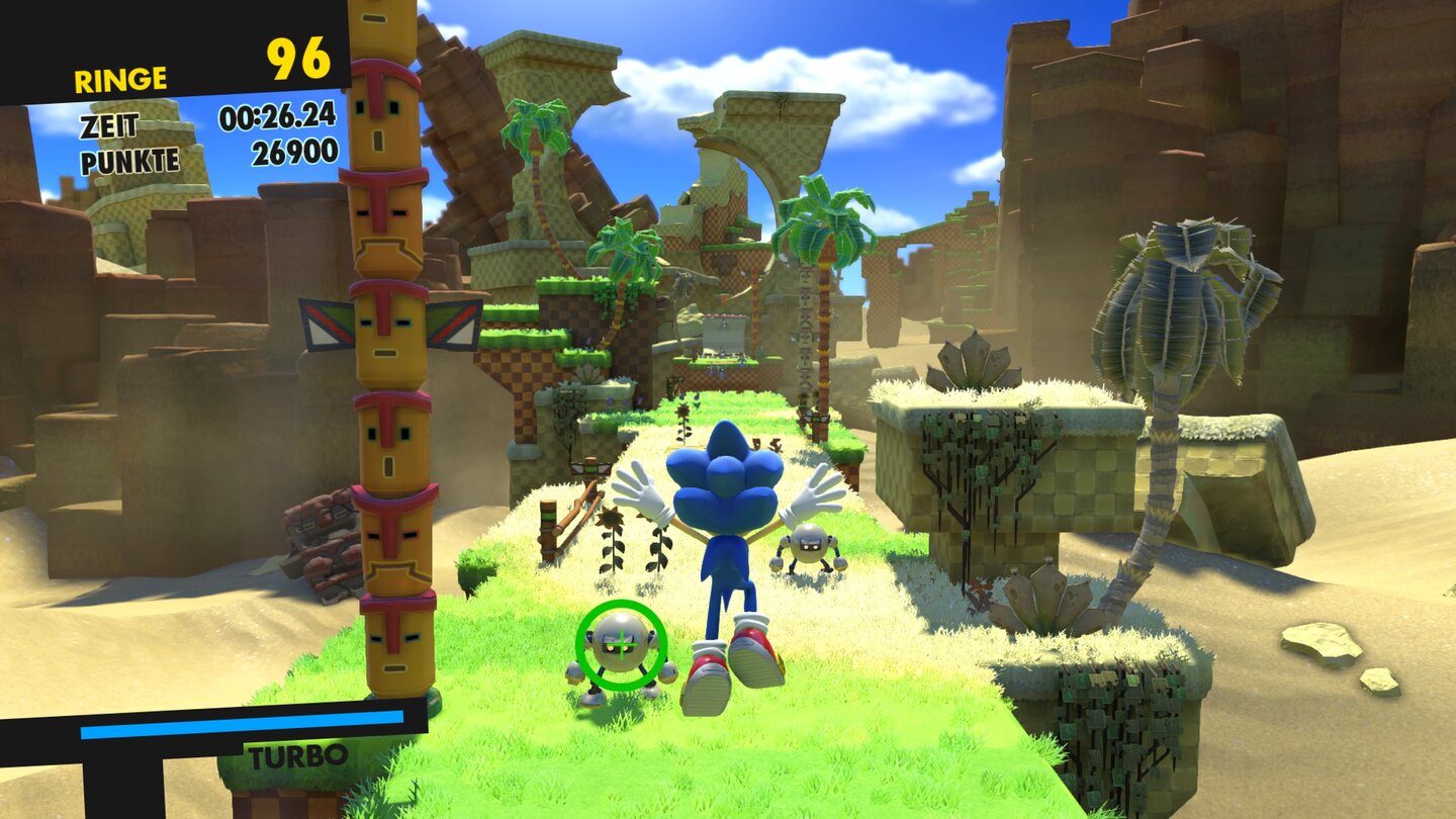 Sonic ForcesDie Green Hill Zone wird zur Wüste: Schon hier wird der schlimme Einfluss von Dr. Eggman sichtbar.