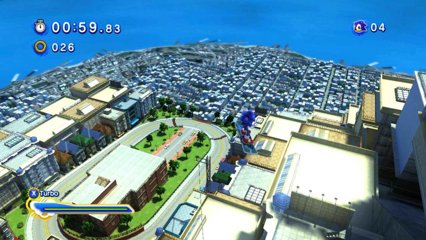 Sonic GenerationsIm Straßenschluchten-Level geht es zeitweise (sehr) hoch hinaus.