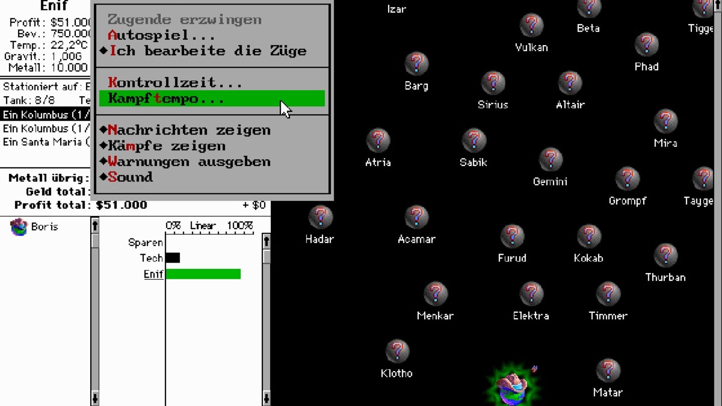 Spaceward Ho! (1992)Nicht nur die Cowboyhüte haben Charme, komfortable Bedienung und vereinfachtes Regelwerk laden beim kurzweiligen 4X-Leichtgewicht zur Galaxiseroberung in der Mittagspause ein.