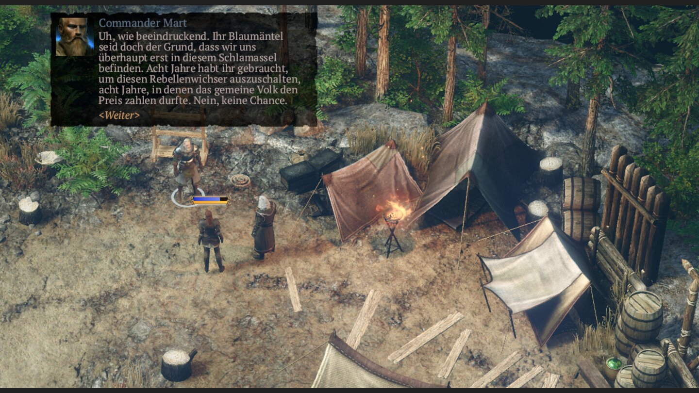 Kommandant Mart ist ein ziemlicher Kotzbrocken, der seine Leute nur anschreien kann, aber keine Ahnung von Taktik hat. Darum schickt er uns auf zwei Einsätze: Ein Ork- und ein Goblin-Außenposten sind zu säubern. Aber gerne doch!