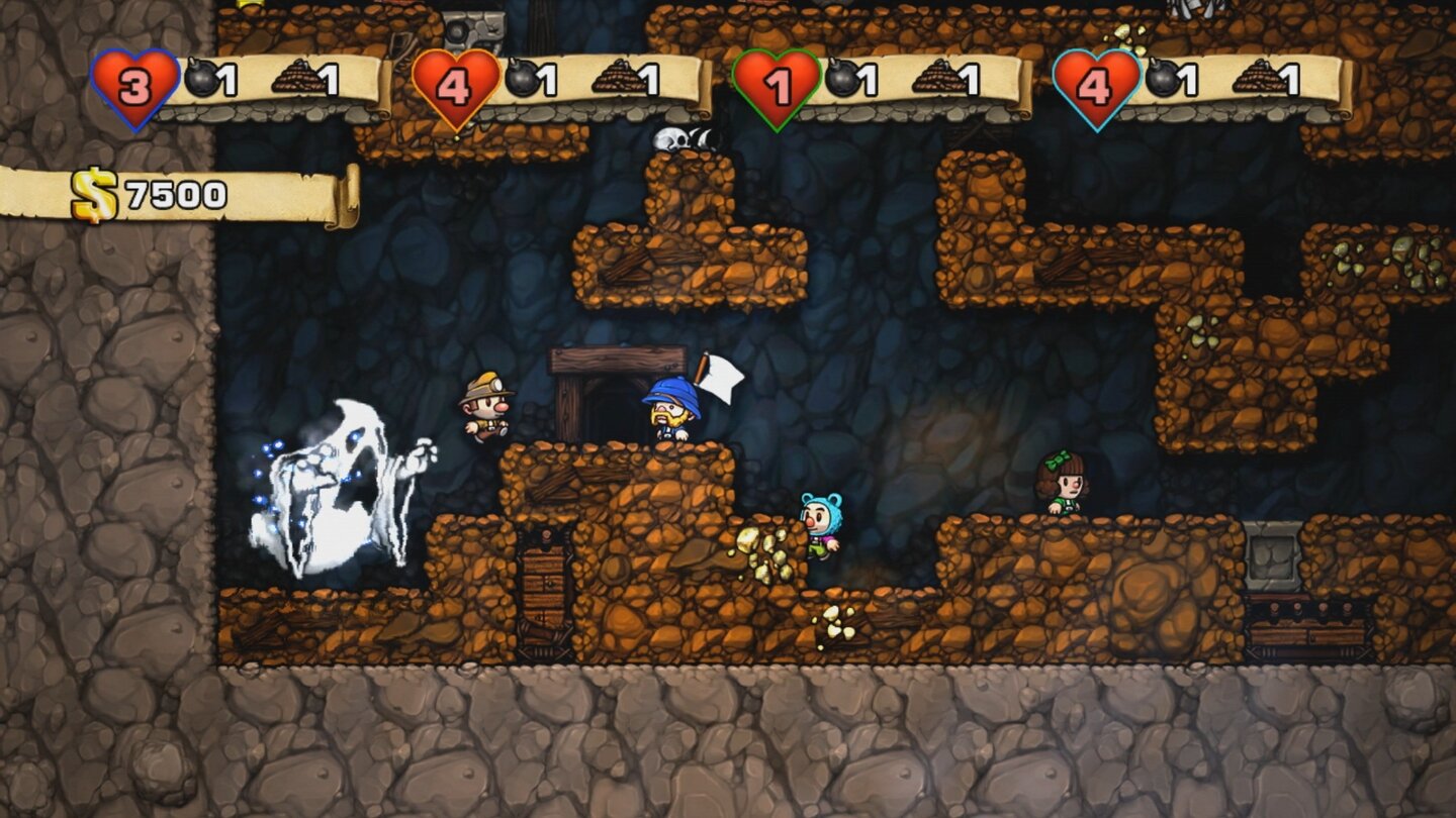 SpelunkyBewältigen wir das Level nicht in der vorgegebenen Zeit, macht ein unheimlicher Geist Jagd auf unsere kleine Seele. Trifft er uns, ist das Level sofort beendet.