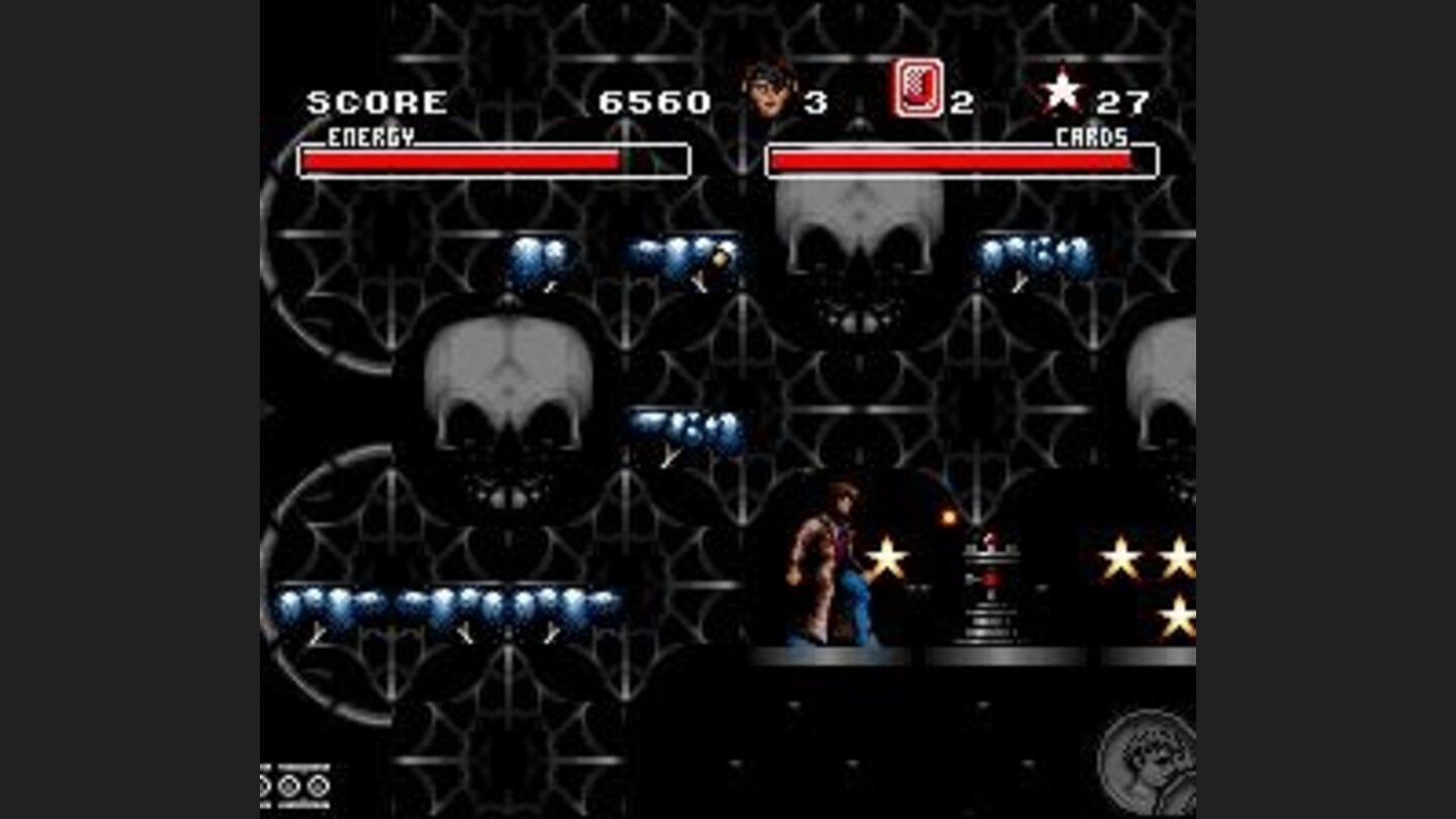 Gambit has to escape a huge steel ball - hindered by small pesky enemies and bad background graphics.