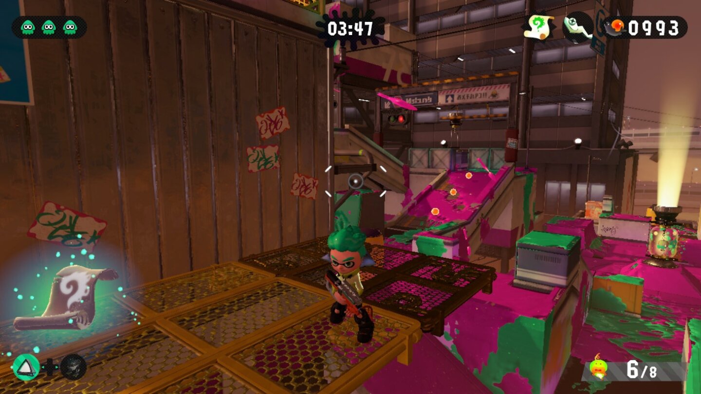 Splatoon 2: Schriftrolle in Level 21 - Welt 4Haltet euch links und haltet Ausschau nach einer Kiste, die auf einem gelben Gitter steht.