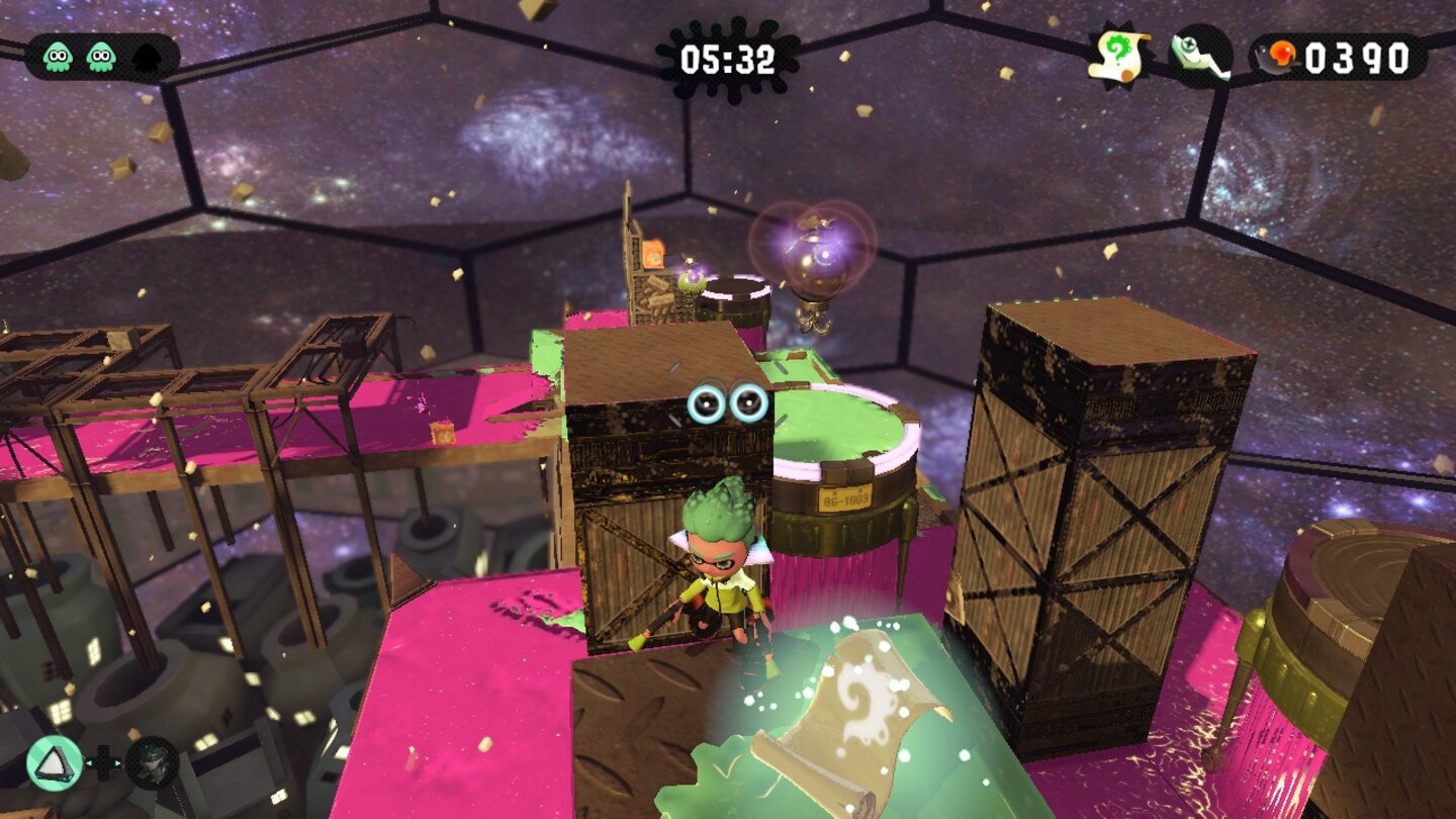 Splatoon 2: Schriftrolle in Level 13 - Welt 3Bei der Stelle mit den vielen Putzrobotern müsst ihr lediglich auf einen der Roboter und weiter auf den rechten hinteren Turm klettern.