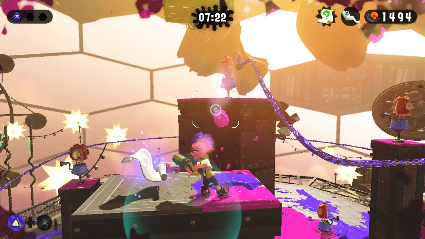 Splatoon 2: Schriftrolle in Level 5 - Welt 2Springt am Ende des Levels von der Zipline auf den kleinen Turm mit der Kiste.