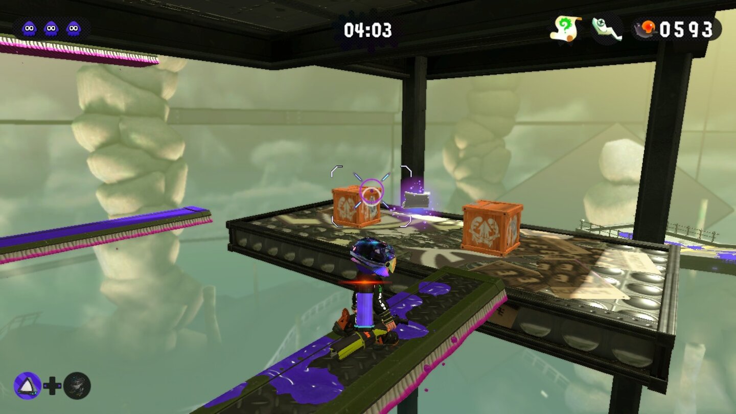 Splatoon 2: Schriftrolle in Level 4 - Welt 2Kurz vor Levelende gelangt ihr an einer Stelle mit mehreren Farbschiebern, die rotieren. Stellt euch auf einen davon und lasst euch unter die Plattform tragen.