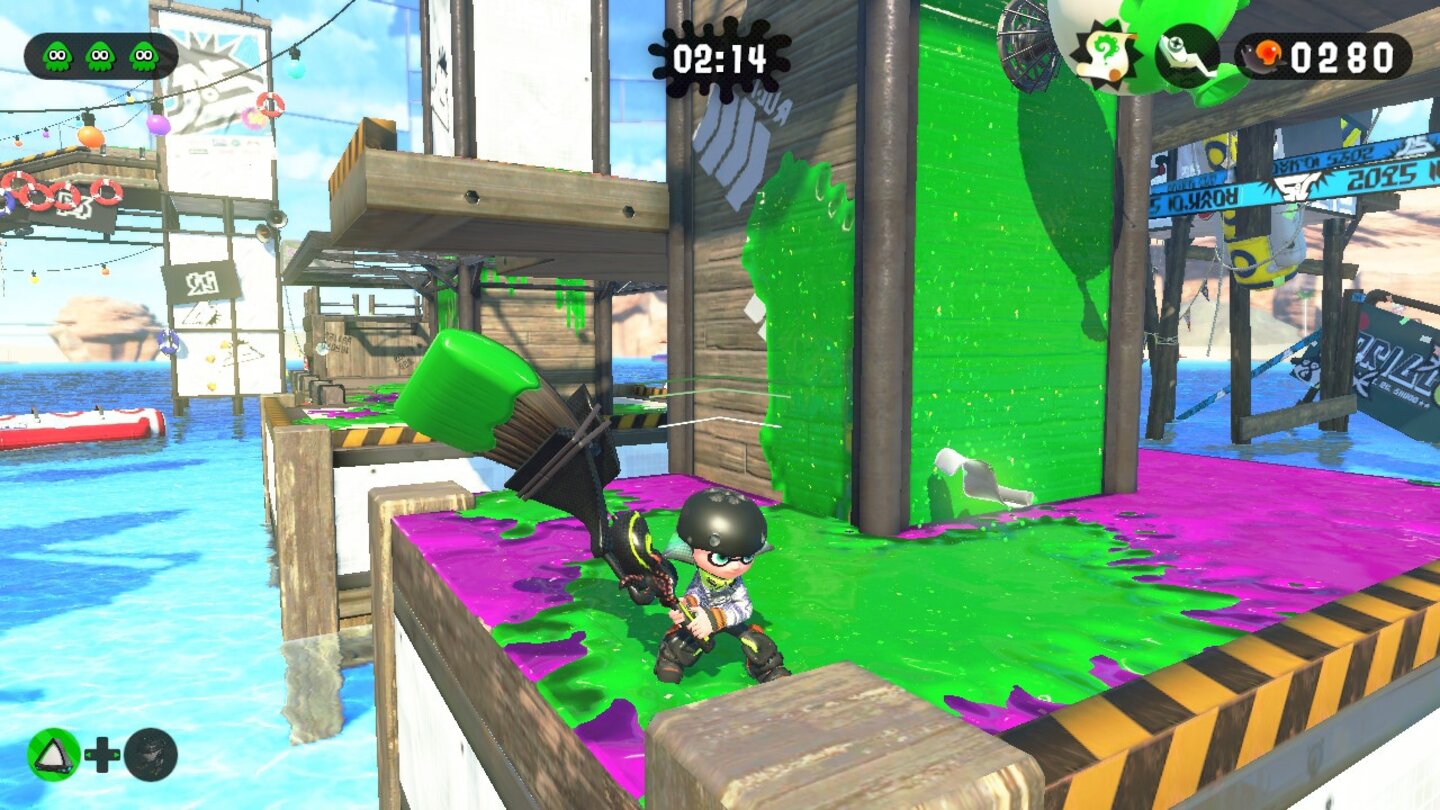 Splatoon 2: Schriftrolle in Level 2 - Welt 1Lasst euch im zweiten Abschnitt relativ am Anfang des Levels beim zweiten Turm nach unten fallen.