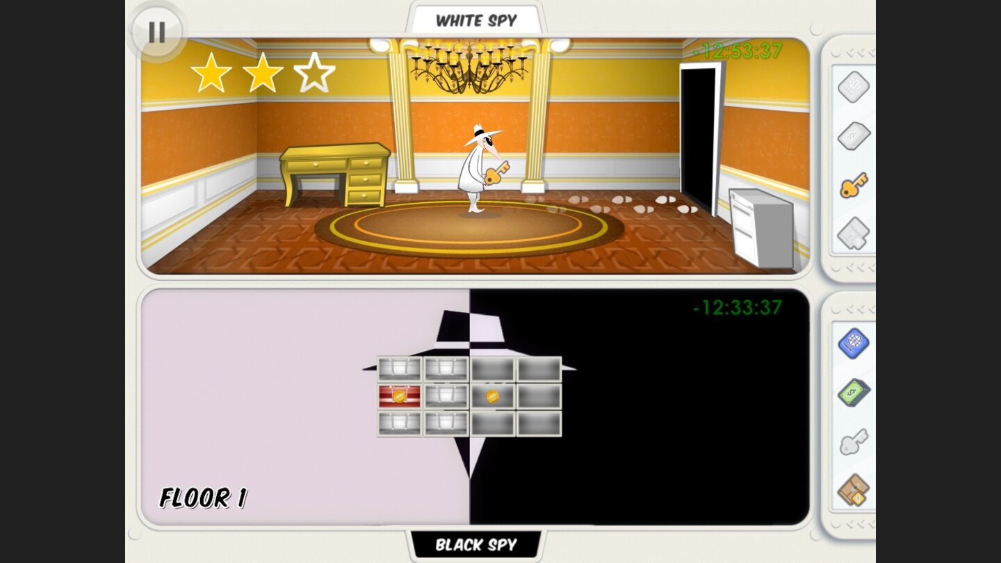 Spy vs SpyAuf der Karte sieht man alle Räume im Überblick – und ob sich darin Beutegut befindet.