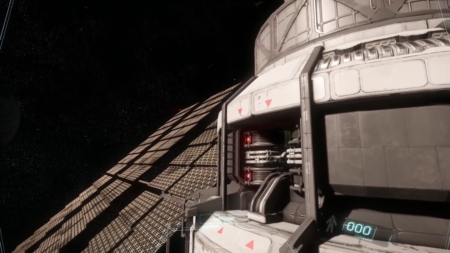 Star Citizen: Alpha 2.0Der Pilot steuert mit den Düsen am Raumanzug auf den Wartungseingang des Satelliten zu, um ihn wieder zu aktivieren.