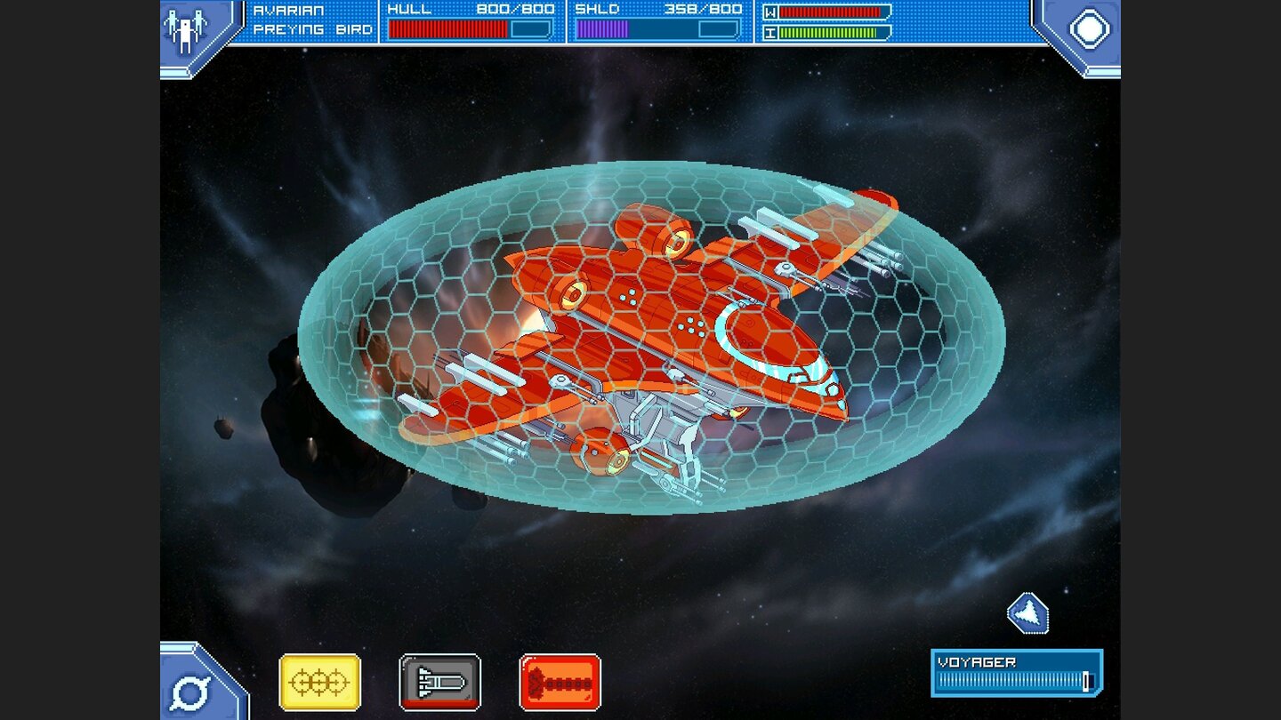 Star CommandBevor das feindliche Schiff beschädigt wird, muss erst das Schild durchdrungen werden.