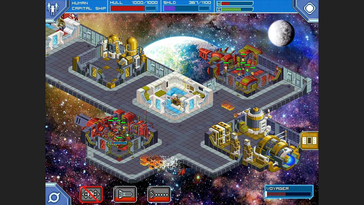 Star CommandUnser Schiff auf einen Blick: Die Crew verschanzt sich in den Waffenräumen, während es brennt. Unten verschwindet ein feindlicher Soldat im All.