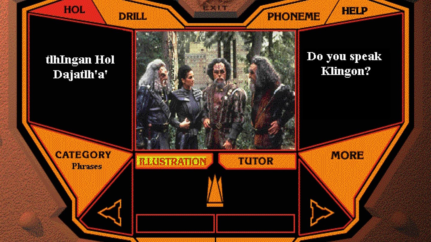 Star Trek: Klingon (1996)Interaktiver Film mit wenig Entscheidungen, dafür lernen wir die Feinheiten der klingonischen Kultur kennen, lernen leckere Qagh-Rezepte und begegnen im Sprachlabor Schauspieler Michael Dorn.