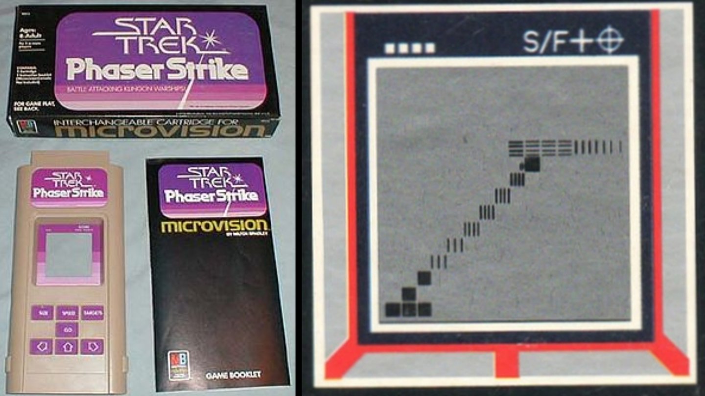 Star Trek: Phaser Strike (1979)Unser Klötzchen schießt mit einem Pixel auf Linien und irgendwie ist das Star Trek. Zu größeren Leistungen ist die Steinzeit-Hardware der Handheld-Konsole Microvision nicht in der Lage.