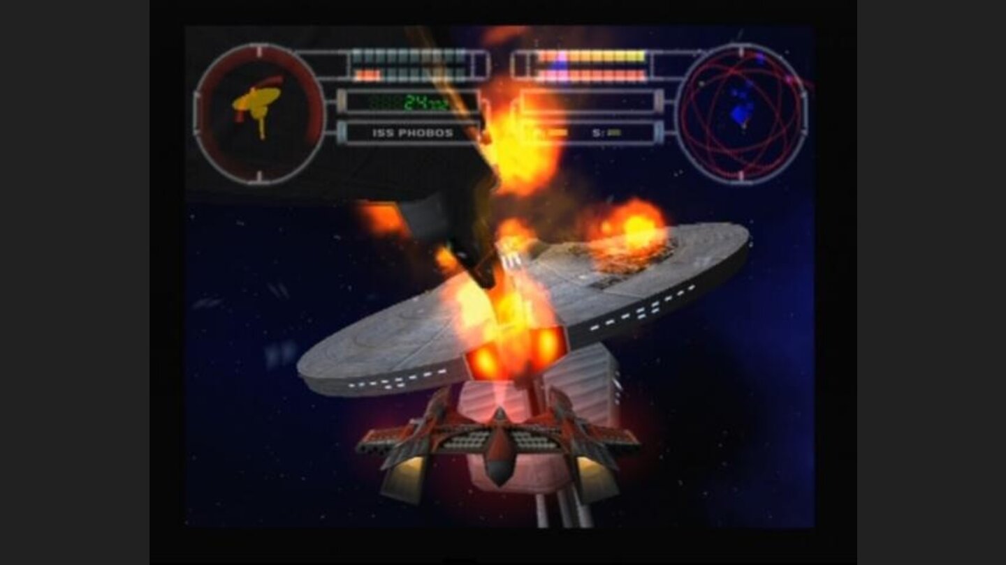After the shield is down, try to find the blind spot from which you can finish off the enemy vessel