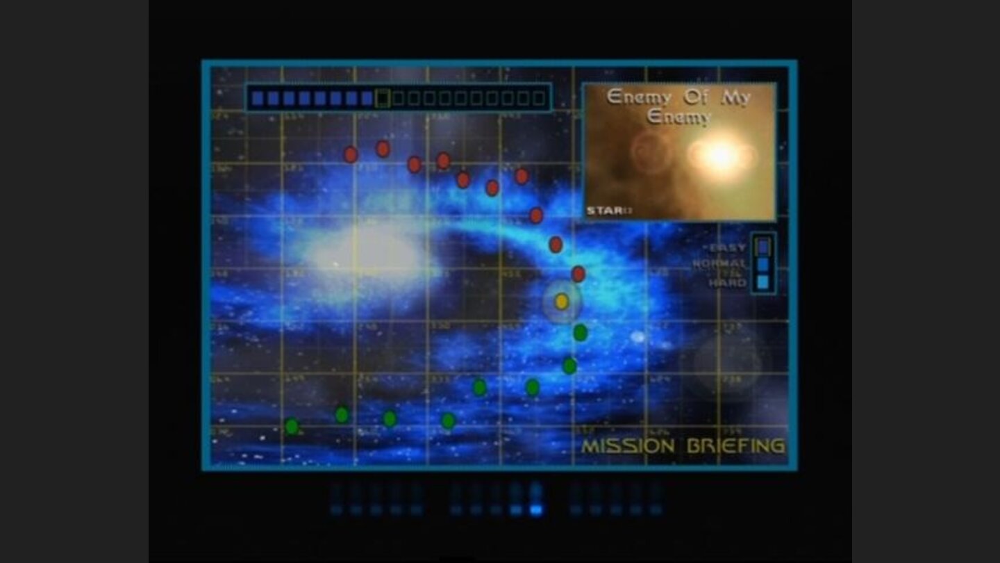 Mission briefing (yellow mark is your current mission, red are those that await ahead)