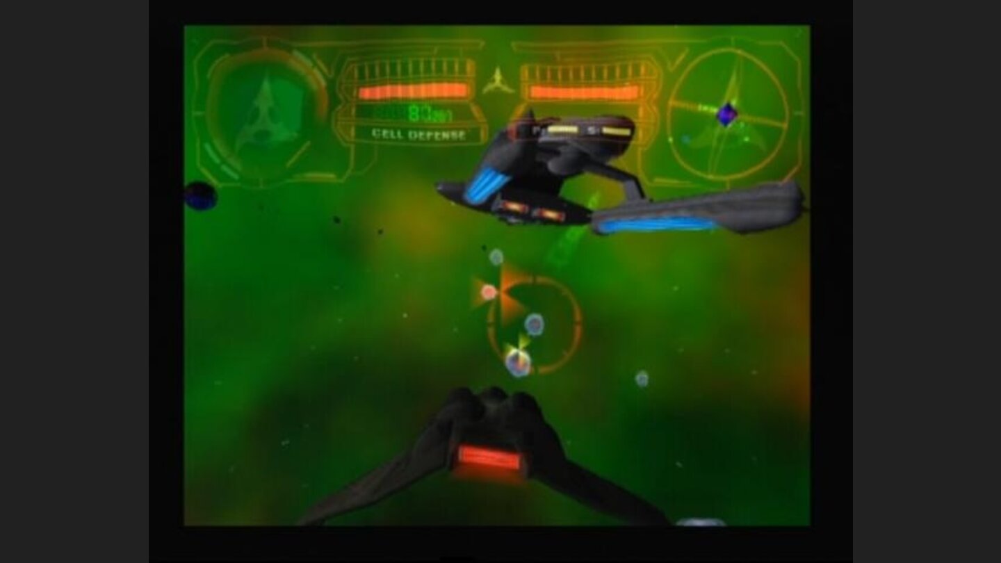 Flying Klingon Bird of Prey while protecting your ship from cell defenses