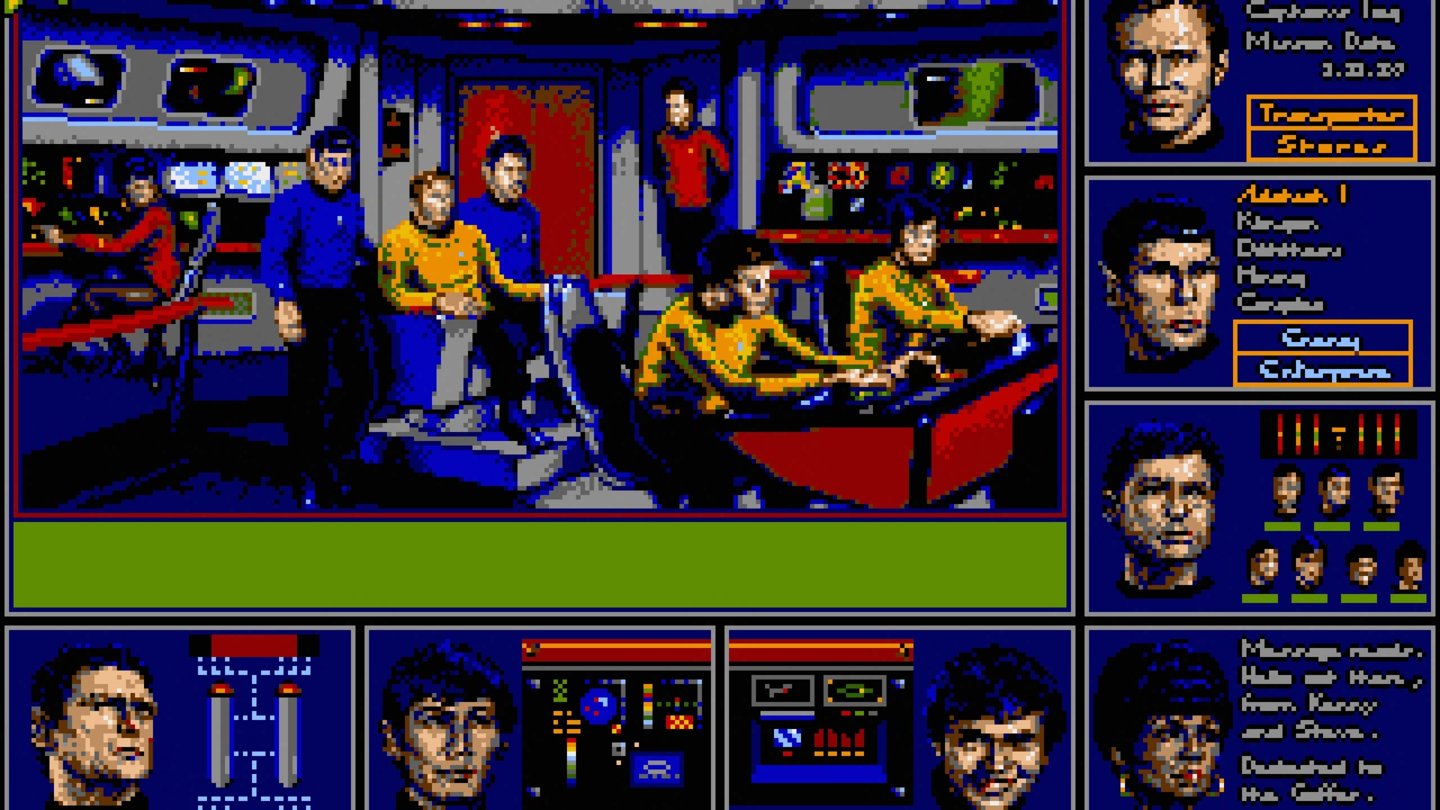 Star Trek; The Rebel Universe (1987)16-Bit-Power! Auf dem Atari ST beeindrucken digitalisierte Crew-Bilder, doch die Bedienung ist umständlich geraten und die langwierige Weltraumerforschung verkommt zur Geduldsprobe.
((36))Star Trek V: The Final Frontier (1989)