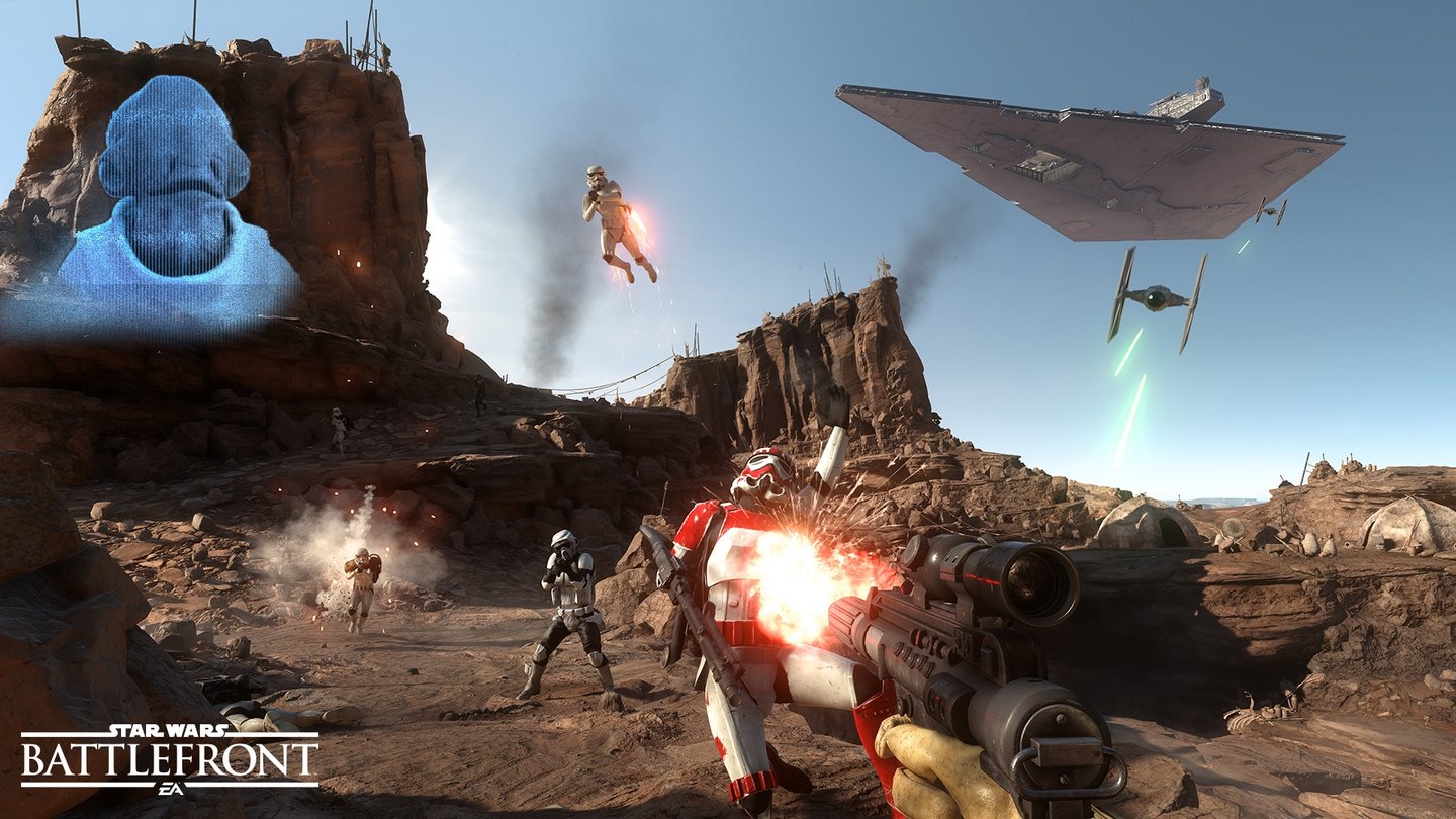 Star Wars: BattlefrontWie in früheren Battlefront-Spielen können wir auch Jetpacks nutzen, wie der Stormtrooper in der Bildmitte.