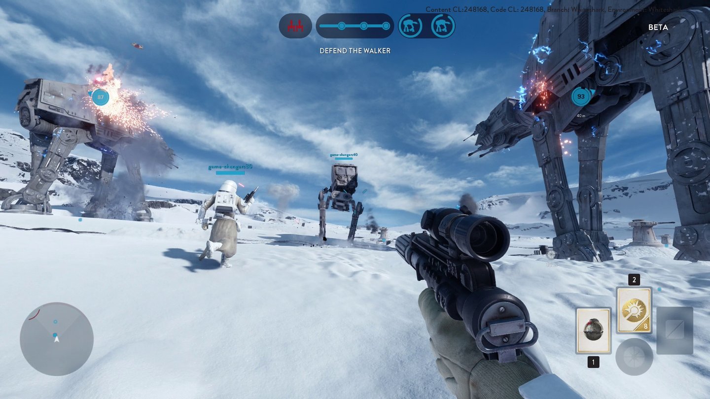 Star Wars: Battlefront - Screenshots aus der BetaBeide AT-ATs stapfen zusammen mit einem AT-ST Richtung Rebellenbasis - an Atmosphäre mangelt es Battlefront nicht.
