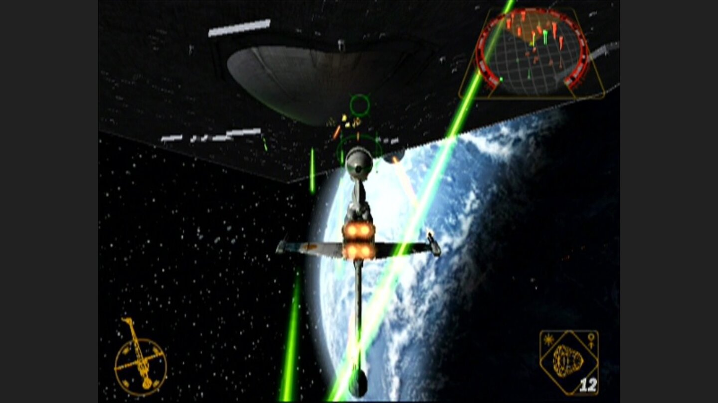 Star Wars Rogue Squadron 2: Rogue LeaderUm Sternenzerstörer unschädlich zu machen, müssen Schildgeneratoren zerschossen werden – nur gut, dass diese an der Außenhülle angebracht sind …