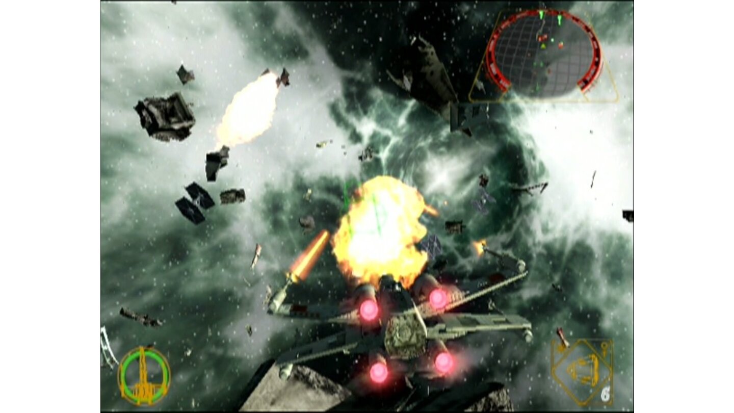 Star Wars Rogue Squadron 2: Rogue LeaderLaserschüsse, Explosionen, umherfliegende Trümmerteile – Rogue Leader sieht im Jahr 2002 schlicht grandios aus. Auch der Surroundsound haut mächtig rein.