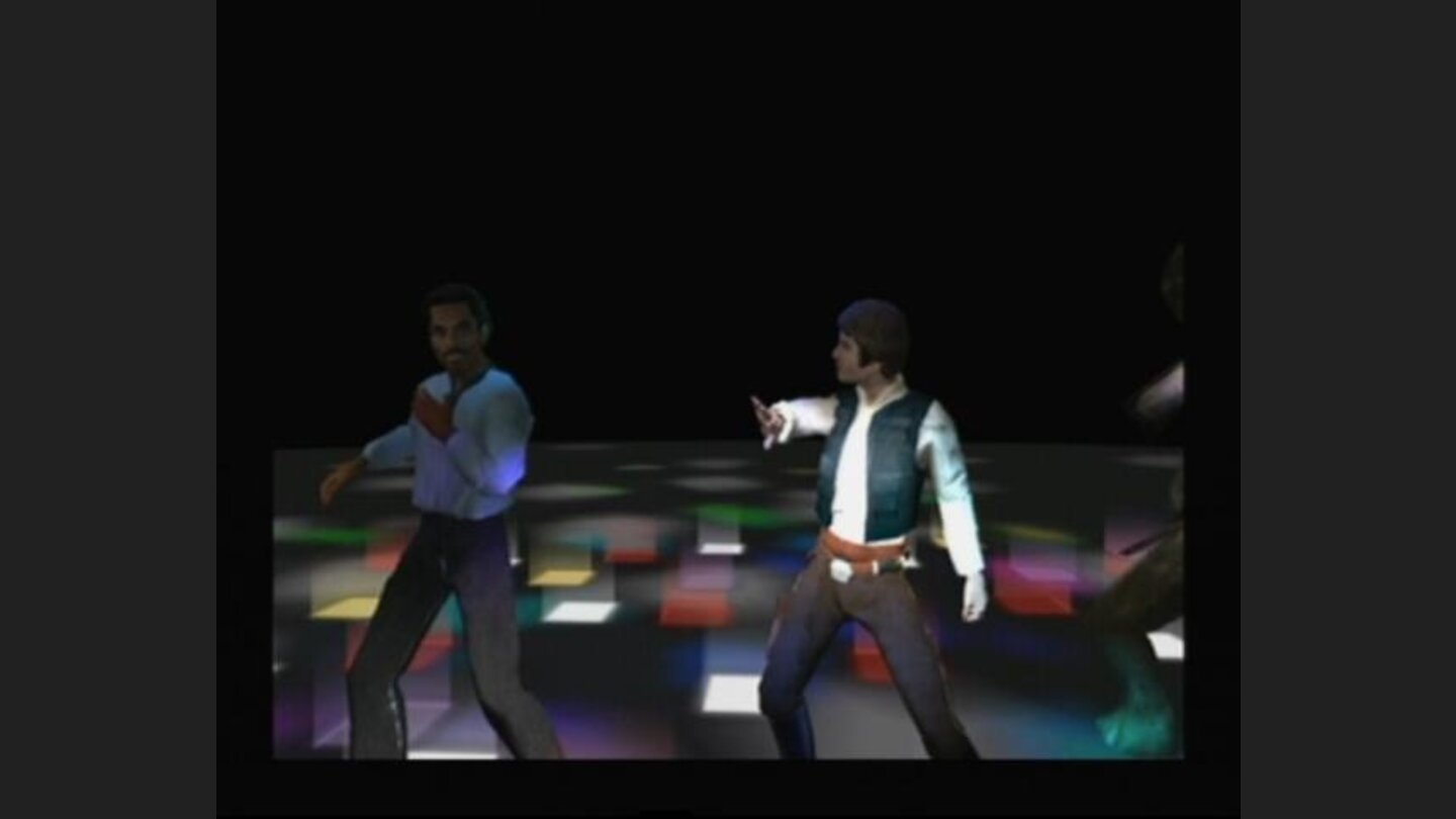 Opening cinematic shows all the main characters on the dancefloor, including Darth Vader
