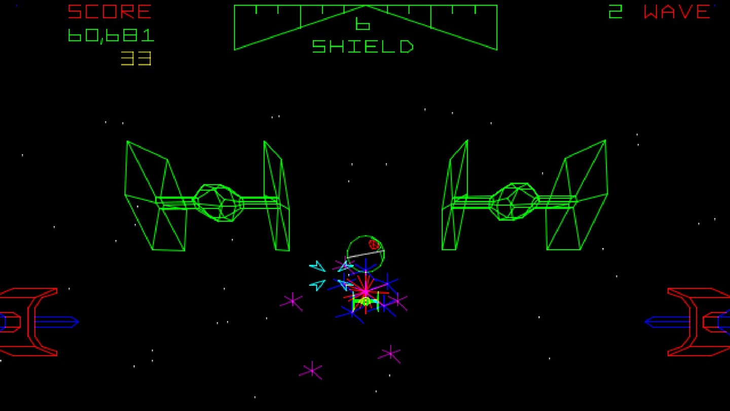Star Wars: The Arcade Game (1983)Der erste Star-Wars-Spielautomat von Atari Games ist der ebenso feuchte wie unerschwingliche Traum mancher Jugend. Todesstern-Anflug und Zerstörung in drei 3D-Action-Sequenzen mit schneller Vektorlinien-Grafik, da fühlt man sich wirklich wie Luke Skywalker. Bei den Heimumsetzungen fehlt natürlich das coole Automaten-Cockpit.