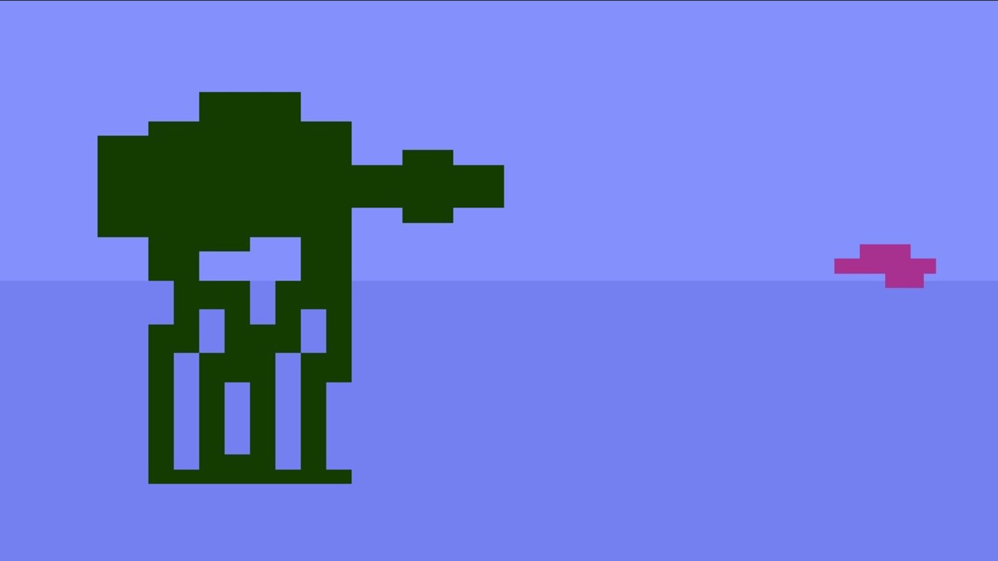 1983: Pixel-Monster auf VCSUnerbittlich stapften AT-ATs schon auf Systemen der Videospiele-Steinzeit. Manchmal blinkt eine verwundbare Stelle auf, gezielte Treffer bringen den Riesen zu Fall.