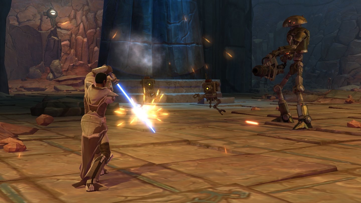 Star Wars: The Old RepublicDas Abwehren von Schüssen mit dem Lichtschwert funktioniert automatisch, der Spieler nimmt darauf durch die Steigerung von Rüstungs- beziehungsweise Gewandheitswerten Einfluss.