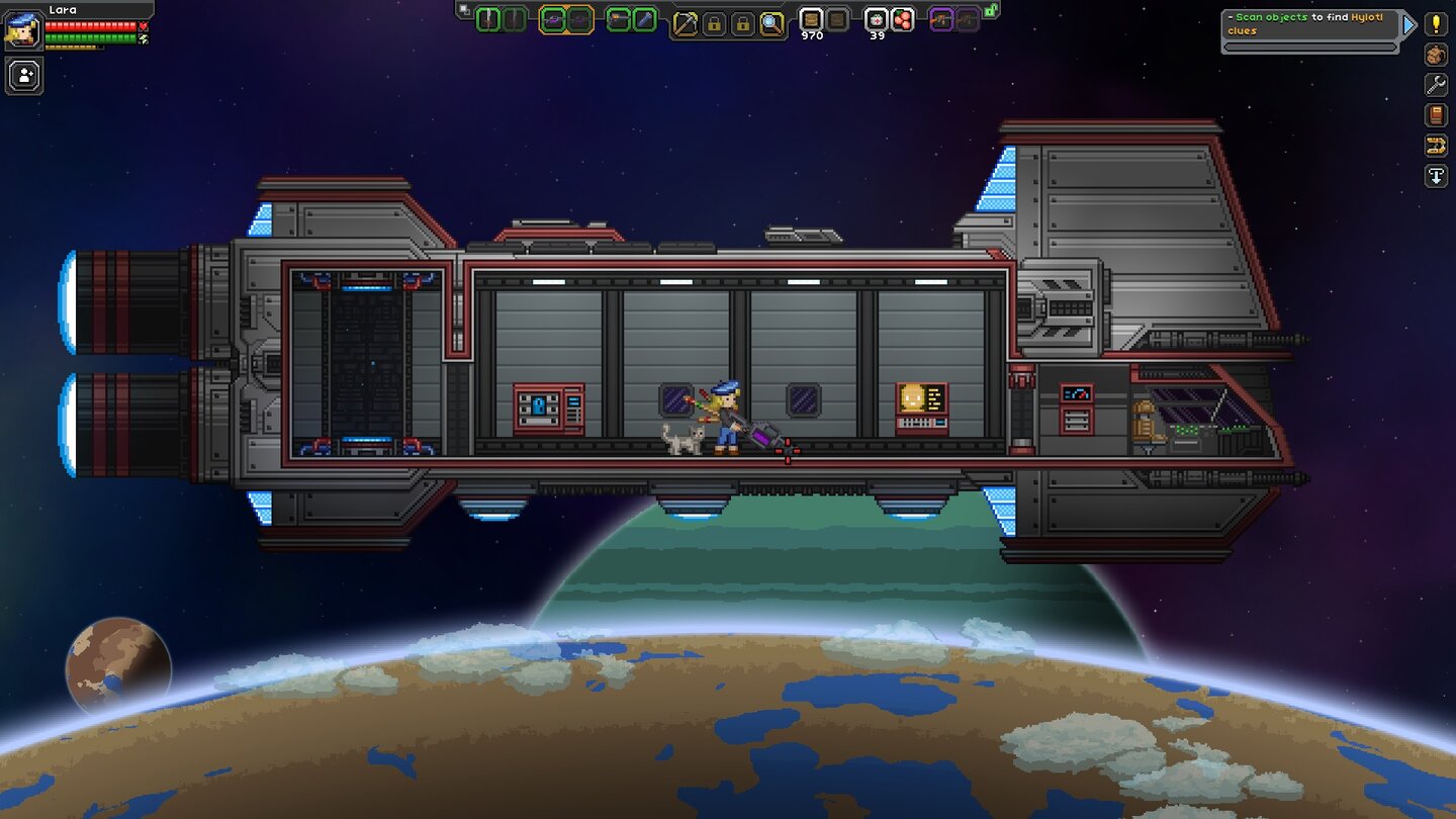 StarboundDas Raumschiff ist unser Fortbewegungsmittel im Weltraum. Damit es aber so hübsch aussieht, müssen wir es erst einmal reparieren.