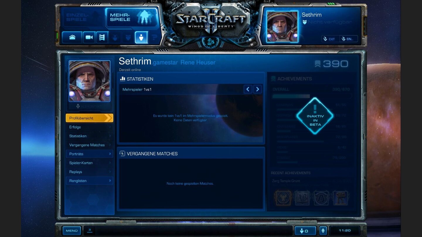 StarCraft 2 - Beta-ScreenshotsDas Ingame-Profil listet alle Statistiken auf. Die Erfolge sind jedoch noch nicht in der Beta aktiv.